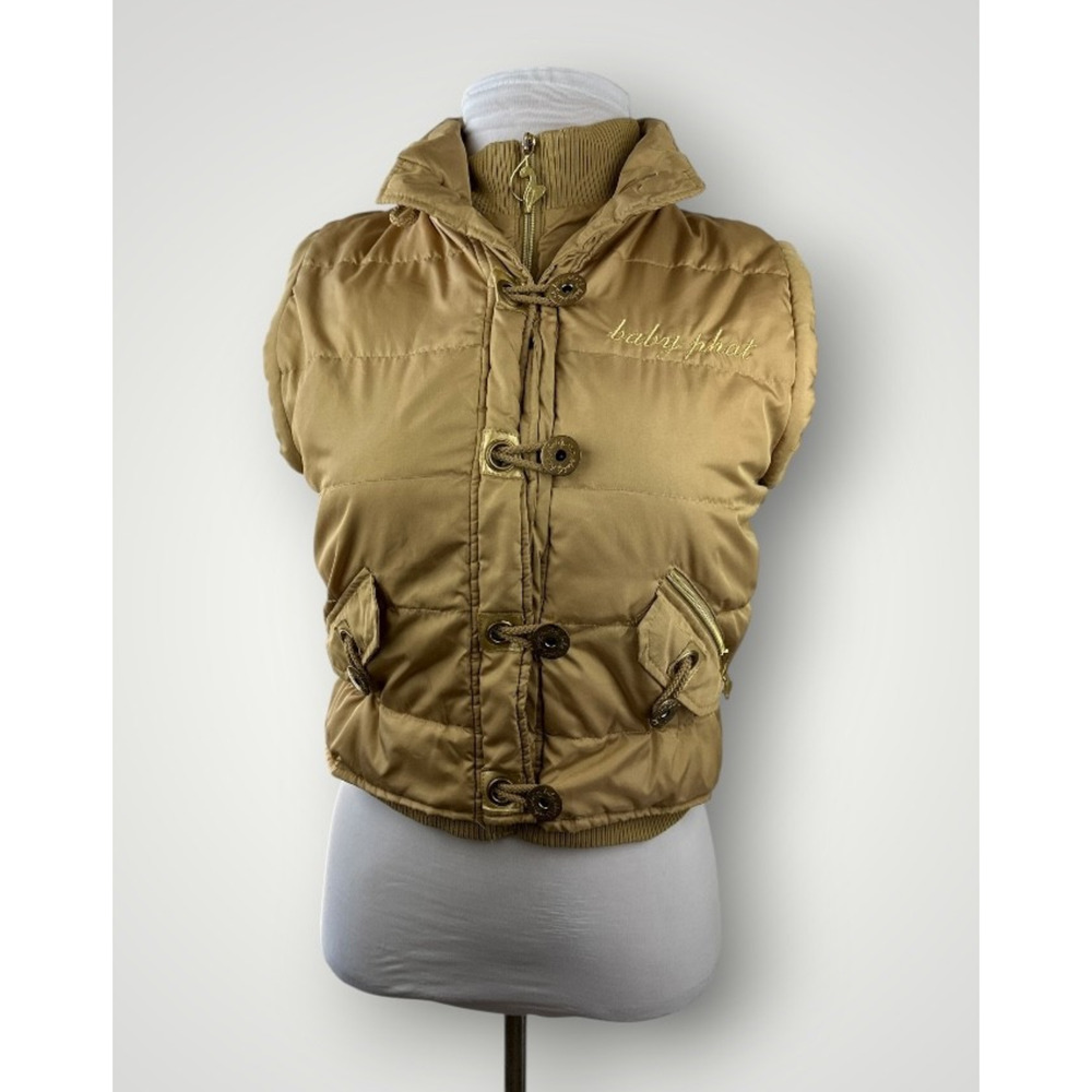 Vintage Y2K Baby Phat Feather Down Puffer Vest Gold Button Zip Womens Size Large - Picture 2 of 16